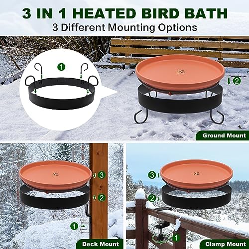 Heated Bird Bath for Outdoors for Winter, 3 Easy Ways to Mount Detachable Bird Bath Bowl, 75W Heated Bird Baths with Thermostatically Controlled for Garden Yard Patio Lawn, Terracotta - Image 3