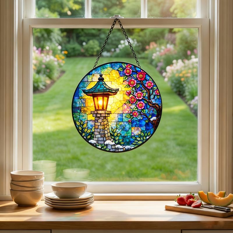 Stained Glass Window Hanging Suncatcher 11.8 in Sakura Lantern Colorful Glass Panel Sun Catcher for Window,Floral Garden Light Window Hanging Decor for Home,Housewarming Gift - Image 4