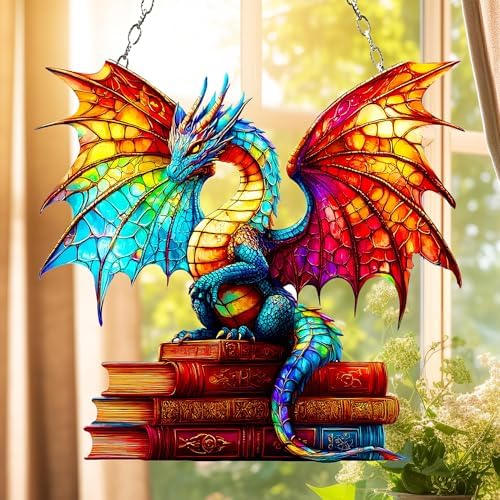Rainbow Book Dragon Acrylic Suncatcher 10 Inches, Halloween Decoration Indoor Outdoor, Bedroom Porch Decor, Stained Glass Effect Window Hanging, Fantasy Decor, Book Lover Gift for Readers by XISZYS