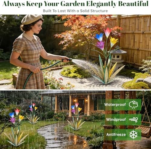 TOMBABY 32.28 Inch Metal Agave Plant Outdoor Decoration Lily Mexican Yard Art Garden Gift Home Decor Hand Painted Metal Agave Garden Yard Statue (2pc, Grass Green) - Image 5