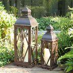 Large Farmhouse Wooden Metal Lantern Set of 2, 30''/22'' H Rustic Decorative Indoor & Outdoor Hanging Candle Lanterns, Wooden Outdoor Lanterns for Patio Front Porch Table, Brown by DECORKEY
