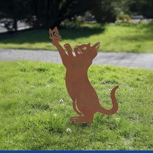 Maximex Garden Stake Cat and Butterfly Weatherproof Garden Decoration Metal with Patina Patina for Garden, Patio and Balcony, 29.5 x 53 cm by Unknown