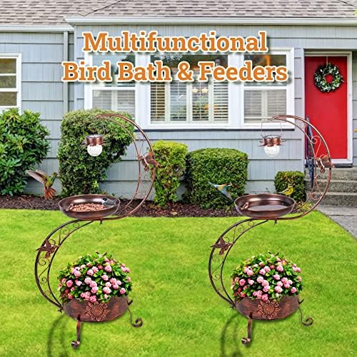 VEWOGARDEN S Bird Baths for Outdoors Metal Standing Bird Bath with Solar Lamp Vintage Garden Birdbaths with Flower Planter Pedestal(36" H * 19.6" W) - Image 2