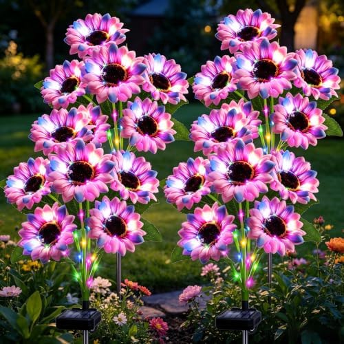 Solar Sunflower Lights Outdoor Garden Decor, 4 Pack Solar Multicolor Flowers Lights with 24 Sunflowers, Waterproof Fall Decor Stake Decorative Light Auto ON/Off for Garden Yard Patio, Gift for Women by stadeco