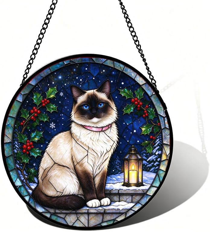 Stained Glass Window Hanging Birman Cat Suncatcher Gifts for Mom 11.8" by Unknown