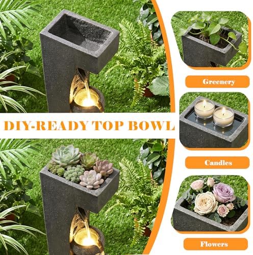 Water Fountain Outdoor, 5-Tier Cascading Bowl Waterfall Fountain, Large Water Feature with 5 LED Lights, 39" Modern Indoor Floor-Standing Garden Fountain for Patio, Backyard, Porch - Image 2