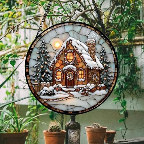 Christmas Cottage Stained Glass Window Hanging Decor Gifts for Women 15" - Image 5
