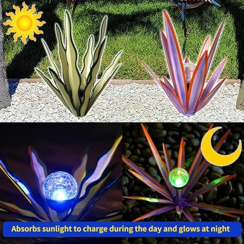 Metal Agave Plant Garden Art, 2 Pack Tequila Rustic Sculpture, Rustic Metal Agave Plants Garden Lawn Home Ornaments, for Yard Stakes, Garden Figurines, Outdoor Patio (2 PCS Purple with Light) - Image 6