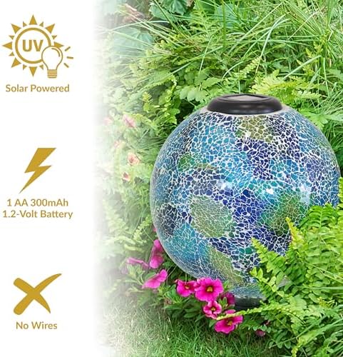Sunnydaze Solar Gazing Ball for Garden, Crackled Azul Terra - Image 5
