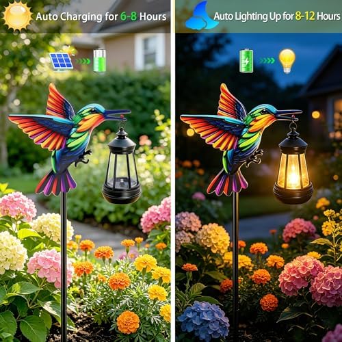 2 Pack Hummingbird Solar Garden lights Outdoor Waterproof, Gifts for Women Mom Grandma Daughter, Stake lights with Solar Lantern, Hanging Solar Lights, Solar Path Light Yard Outside Patio Garden Decor - Image 2