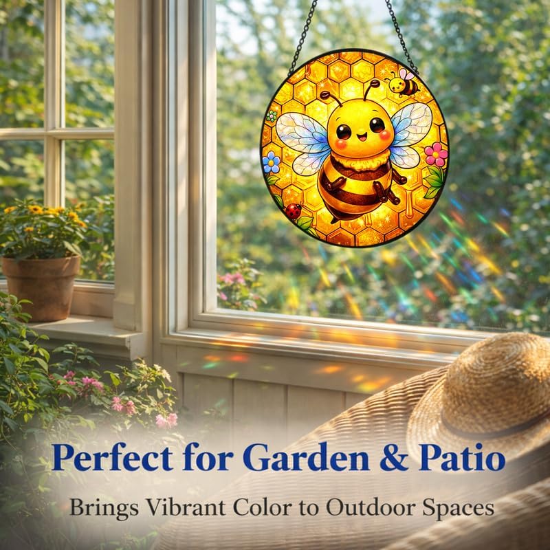 Stained Glass Window Hanging - 11.8" Cute Honey Bee and Honeycomb Suncatcher Glass Panel, Home Decorative Hanging Ornament for Kitchen or Garden, Ideal Gift for Mother, Wife or Women - Image 6