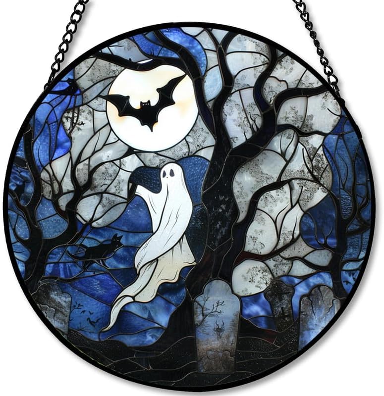 Stained Glass Window Hanging - 11.8in Spirits, Cat and Full Moon Graveyard Scene Sun Catchers Panel for Indoor Decorative Display for Mom, Wife, Lovers, Festive by PPANGI