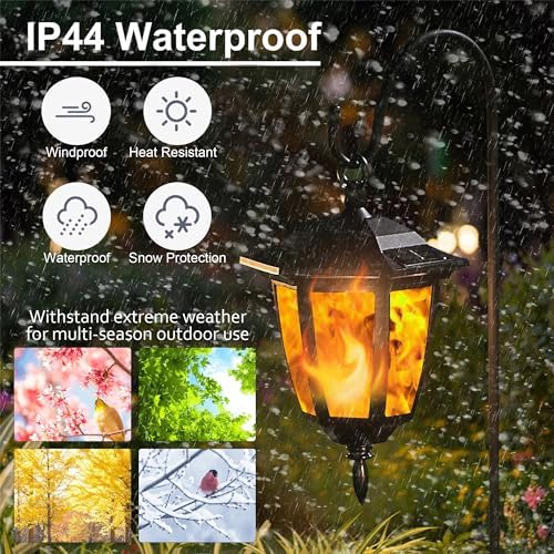 Dynaming 6 Pack Solar Flame Hanging Lights Outdoor, Halloween Solar Flickering Flame LED Garden Lanterns with 6 x 38 Inch Shepherd Hooks, Christmas Lighting for Lawn Patio Yard Pathway Driveway - Image 4