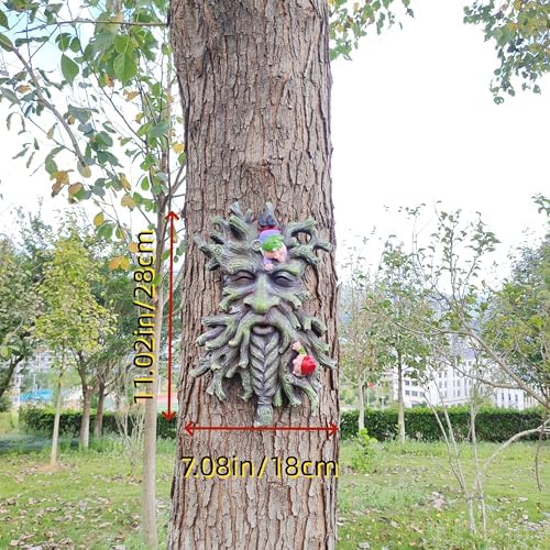Whimsical Tree Face Garden Decoration ，Tree Faces Decor Outdoor Wallmounted Statue Art with Leaf Features, Outdoor Decor Garden Accessory (Green) - Image 2