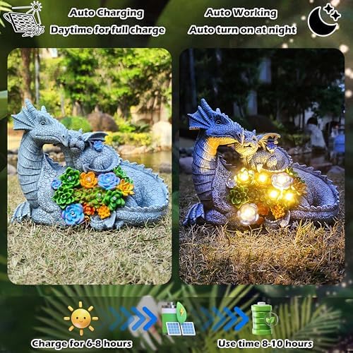 Solar Dragon Statue with LED Lights, Dargon Lover Gifts with Succulent and 6 LED Lights for Outdoor,Solar Dragon Decor for Yard, Garden and Patio, Unique Garden Statue for Mom Grandma - Image 3