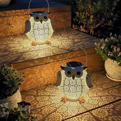 2 Pack Hanging Solar Lanterns - Garden Light Waterproof Metal Decorative Solar Lantern Lights Outdoor for Patio Yard Table Pathway (White owl 2pk) - Image 2