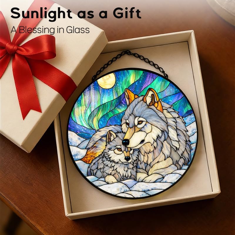 Stained Glass Window Hanging Suncatcher 11.8 in Wolf Family Aurora Scene Colorful Glass Panel Sun Catcher for Window,Window Hanging Decor for Home,Housewarming Gift - Image 7