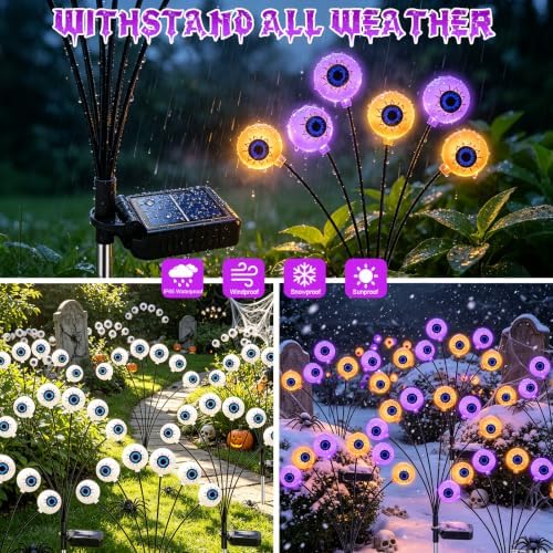 Halloween Decorations Outdoor, 6 Pack 36 LED Purple and Orange Solar Scary Eyeball Swaying Lights, Solar Firefly Light Waterproof Outdoor Lights for Halloween Yard Garden Party - Image 4