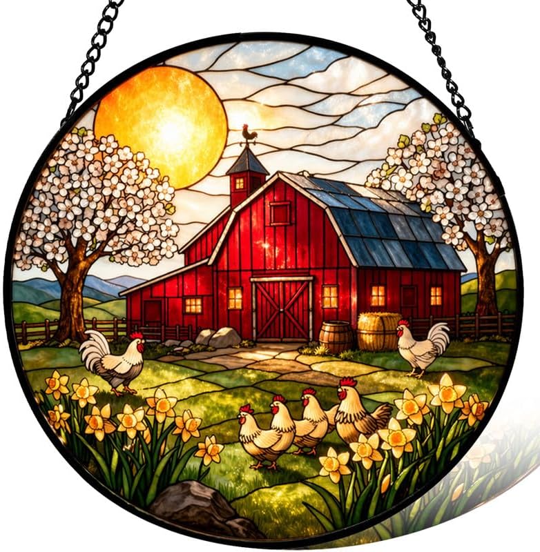 Stained Glass Window Hanging，Barn & Chickens 11.8in Sun Catchers Indoor Window, Home Decor Inside and Outside the Cottage, Gifts for Women by Unknown