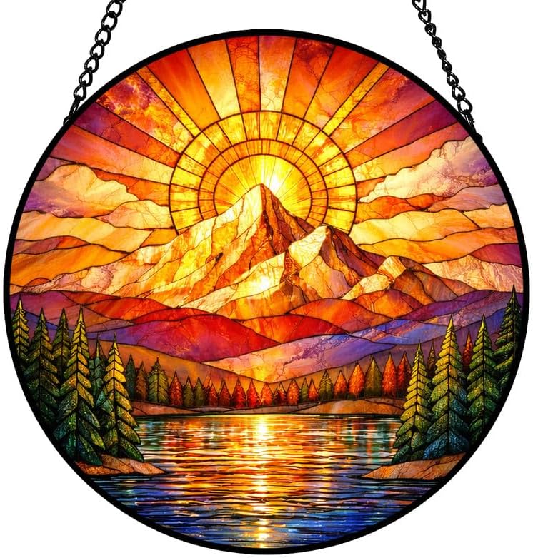 9.84 Inch Stained Glass Window Hanging Suncatcher Mountain Sunrise Colorful Glass Panel Sun Catcher for Window Window Hanging Decor for Home Housewarming Gift by Unknown