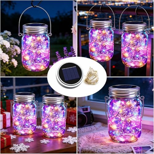 VOOKRY 12 Pack Solar Mason Jar Lights, 30 LED Mason Jar Lids Waterproof Firefly Fairy String Lights with 12 Hangers(No Jars), for Outdoor Patio Garden Yard Lawn Party Wedding Decoration - Multicolor - Image 3