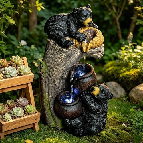 ZMAD 23.62'' H Cascading Fountains Outdoor Water Fountain with LED Lights for Patio Yard Balcony Garden Fountains (Bear H:23.62'') by home