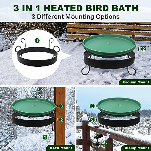 Heated Bird Bath, 3 Easy Ways to Mount Heavy Duty Metal Pedestal Detachable Bird Bath Bowl for Easy Cleaning, 75W Heated Bird Baths for Outdoors for Winter Garden Yard Patio Lawn, Green - Image 3