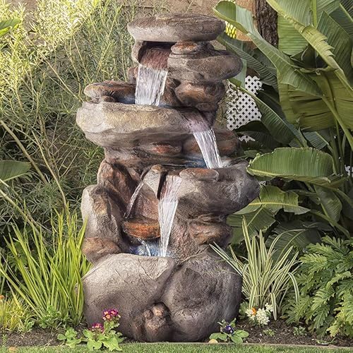 Alpine Corporation | 40" 4-Tier Rock Floor Fountain with Cascading Water & White LED Lights, Tranquil Outdoor Water Feature for Garden, Patio, Yard & Deck, Light Gray - Image 2