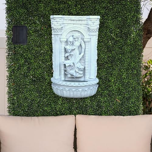 XBrand 30.3" Solar-Powered Outdoor Wall Fountain with Flower Maiden Statue, Antique Stone Waterfall Design for Garden, Yard Décor & Bird Bath, Polyresin - Image 2