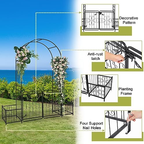 Garden Arbor with Gate and Planter, 7FT Wedding Arches for Ceremony, Metal Arbor Trellis for Climbing Plants Outdoor, Black Garden Archway for Lawn, Patio and Backyard, Includes Ground Stakes - Image 3