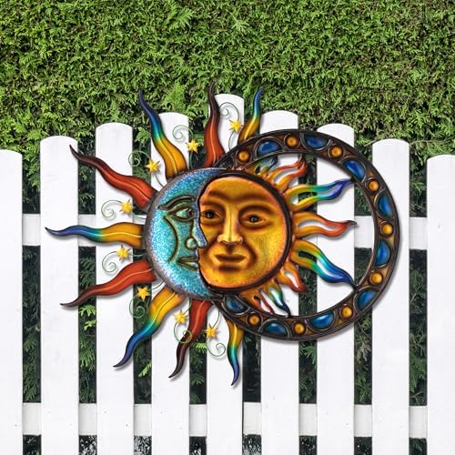 Glitzhome Sun and Moon Wall Decor, 33.5 Inch Celestial Metal Wall Art with Glossy Color Finish and Antique Details, Outdoor Sun and Moon Decor for Garden Porch Patio Home - Image 5