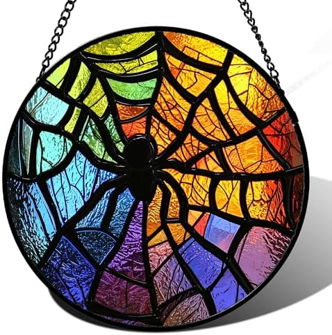 Stained Glass Window Hanging Halloween Colorful Spider Gift for Women 12" by amderven