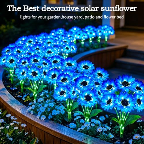 MRHEPHAESTUS Solar Garden Lights Outdoor, 4 Pack Solar Blue Sunflower Lights with 24 Head 3.5 Inch Flowers, Waterproof Flowers Light Fall Decor Auto ON/Off for Garden Yard Patio, Gifts for Mom Women - Image 5