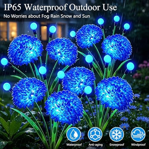 Solar Firefly Lights Outdoor Waterproof, 4 Pack Blue Solar Flowers Swaying Lights With Flowers, Flower Light Garden Decor for Outside Yard Patio Halloween Christmas, Gifts for Women Grandma - Image 4