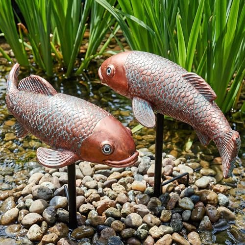 Set of 2 Antique Koi Statue - Resin Real Fish Garden Sculpture, Elegant Live Fish Pond Decor for Patio, Backyard,Unique Outdoor Ornaments - Image 3