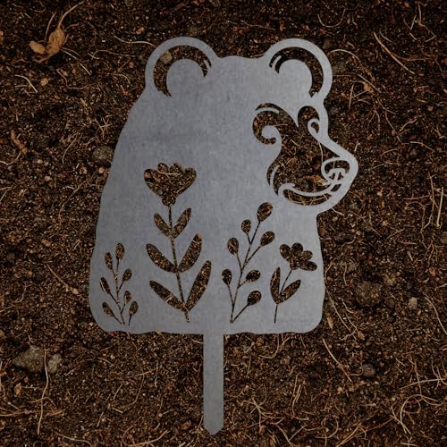 Animal Floral Metal Garden Stake | Raw Metal Patinas Over Time | Yard Art Decor Spring Summer Decorations Flower Bed Plant Stakes Marker (Bear) - Image 4