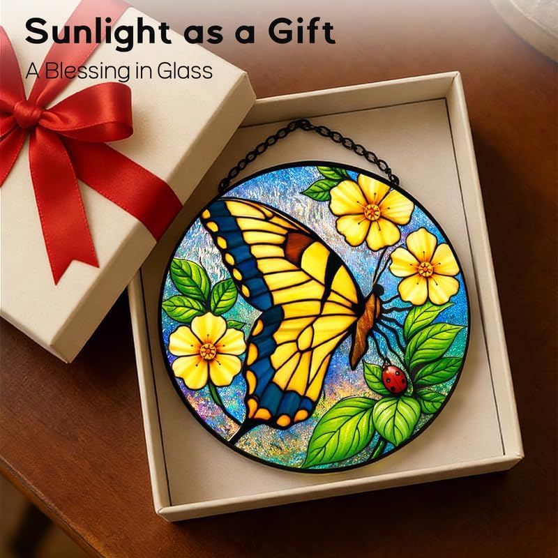 Stained Glass Window Hanging Suncatcher 11.8 in Butterfly and Yellow Flower Colorful Glass Panel Sun Catcher for Window,Bright Nature Window Hanging Decor for Home,Housewarming Gift - Image 7