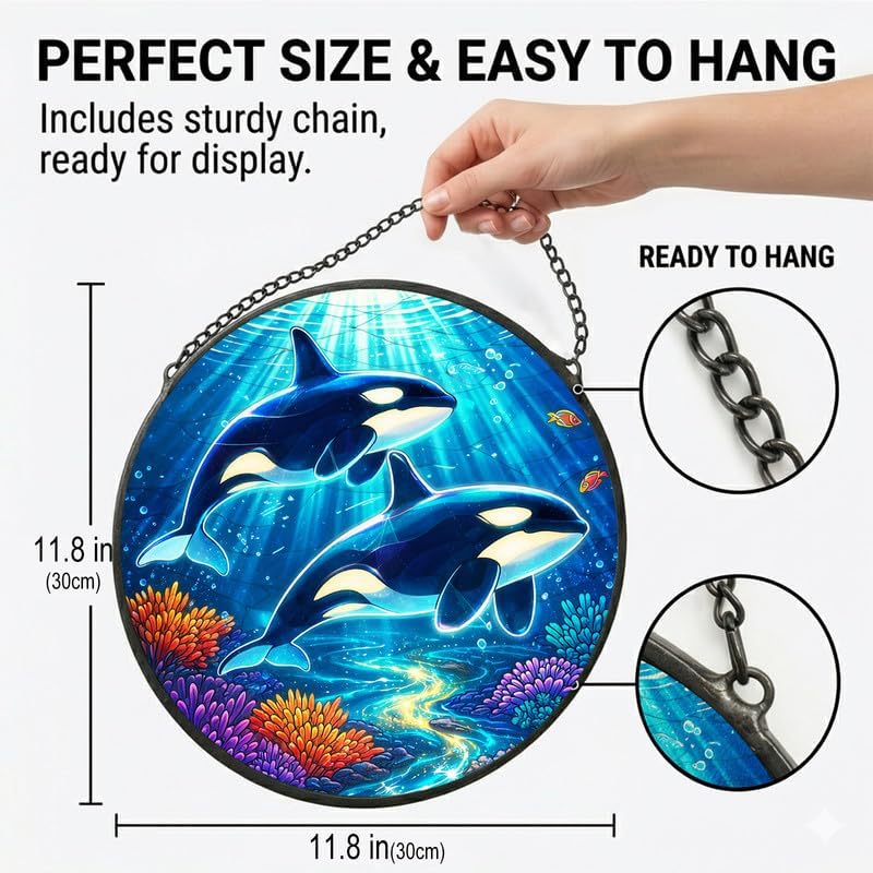 Stained Glass Window Hanging - 11.8" Orca Whale Ocean Scene Suncatcher Glass Panel, Home Decorative Hanging Ornament for Kitchen or Garden, Ideal Gift for Mother, Wife or Women - Image 3