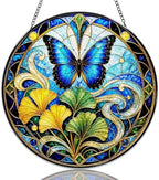 Stained Glass Window Hanging Blue Butterfly and Ginkgo Leaf Sun Catchers Nature Inspired Suncatchers Decorative for Home Garden Outdoor & Indoor Colorful Gift 9.8 Inch by Unknown