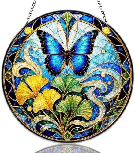 Stained Glass Window Hanging Blue Butterfly and Ginkgo Leaf Sun Catchers Nature Inspired Suncatchers Decorative for Home Garden Outdoor & Indoor Colorful Gift 9.8 Inch by Unknown