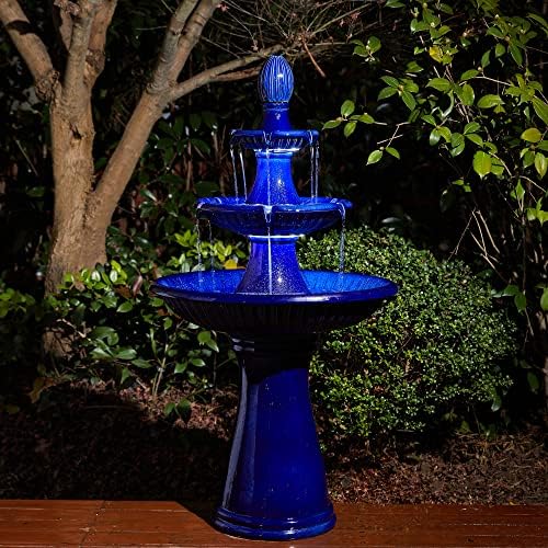 Glitzhome Water Fountain Outdoor Floor-Stand Fountain with LED Light & Pump Oversized 3 Tier Ceramic Cobalt Blue Patio Fountains and Waterfalls Outdoor Yard Fountains for Lawn Garden Backyard by Glitzhome