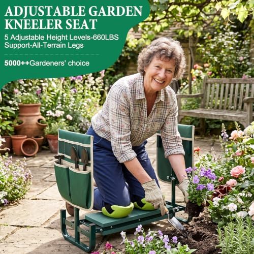 Adjustable Garden Kneeler and Seat with 5-Level Height, 660LBS Heavy Duty Folding Garden Bench Kneeler with Soft EVA Kneeling Pad & 2 Large Tool Pouches, Gardening Gifts for Seniors, Women, Elderly - Image 3