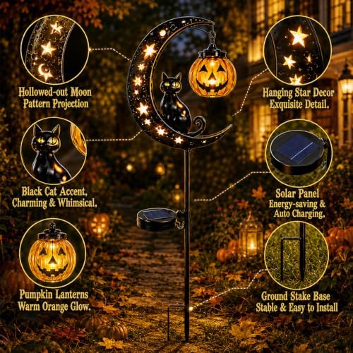 Solar Halloween Black Cat & Pumpkin Moon Garden Stake Light, with Hanging Pumpkin Lantern, Outdoor Halloween Decorations Yard Decor Lights for Garden, Patio, Lawn, Walkway, Porch(Style-A) - Image 2