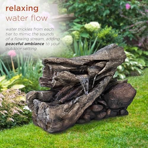 Alpine Corporation 24" Tall Outdoor 2-Tier Fallen Tree Trunk Water Fountain with LED Lights, Rustic Cascading Design for Garden, Patio & Yard Decor, Beige - Image 6