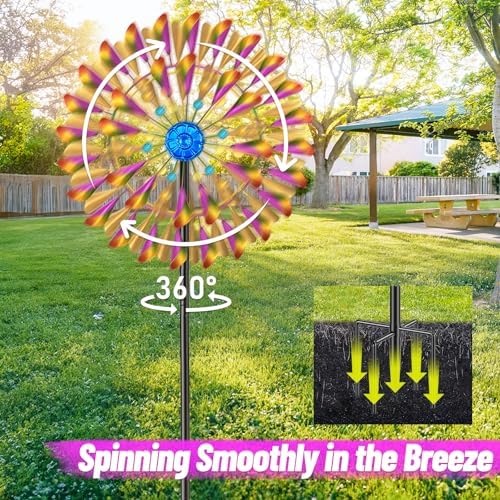 Wind Spinner Kinetic Wind Sculpture, 23.4" W x 79.3" H Large Metal Outdoor Windmill with 5‑Prong Stable Base, 360° Rotatable 2‑Blade Wind Catcher Yard Art Decor for Patio Lawn Garden Backyard - Image 3