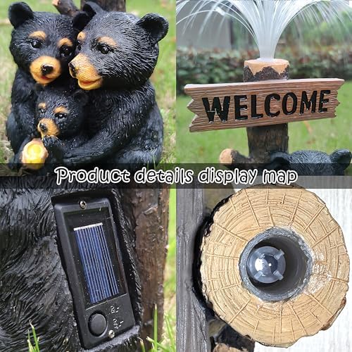 Solar Bear Garden Statues,Resin Black Bear Family Figurine with Welcome Card and 7-Color Changing Optical Fiber with Solar Lights, Lawn Decor Outdoor Statue for Patio,Balcony,Yard,Lawn - Image 5