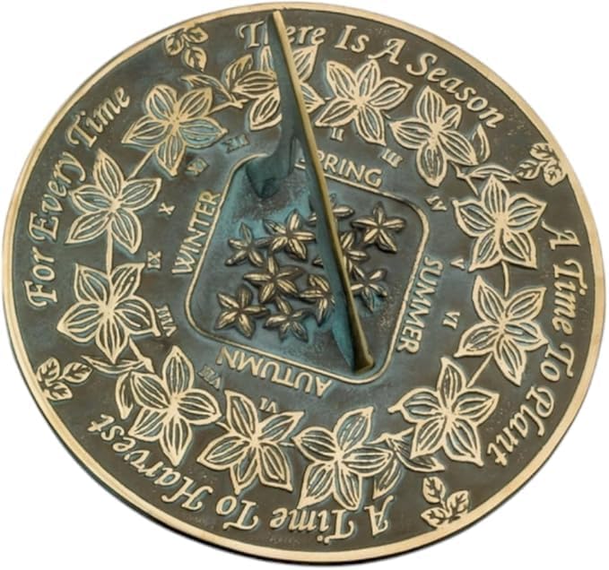 Season Cycle Sundial with Flowers - 10-Inch Solid Brass with Verdigris Highlights - Image 3