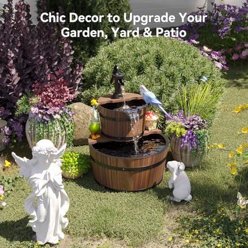 Aoxun 2-Tier Outdoor Water Fountain, Wood Barrel Cascading with Electric Decorative Hand Pump, Rustic Waterfall Fountain for Garden, Backyard, Patio, Porch, Yard - Image 2