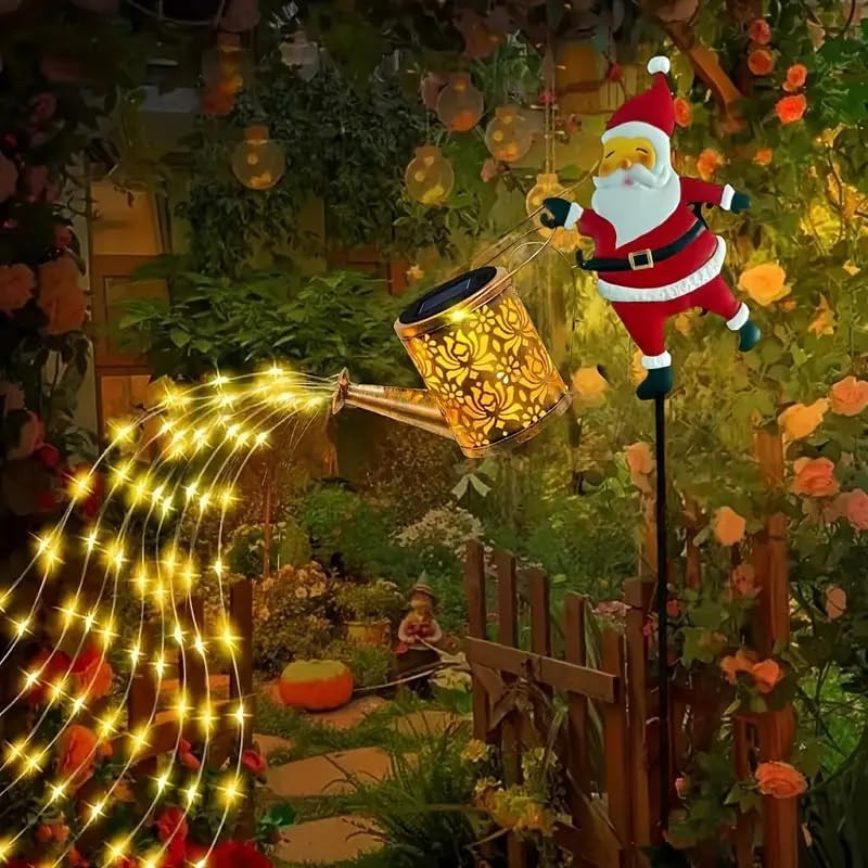 Christmas Santa Solar Kettle Lights, Solar Garden Watering Can Lights with Cascading Lights, Waterproof Hanging Metal Outdoor Lantern Decorations for Garden Patio Porch Yard (Warm) - Image 5