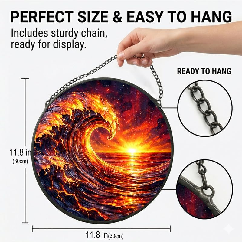 Stained Glass Window Hanging - 11.8" Fiery Ocean Wave and Sunset Suncatcher Glass Panel, Home Decorative Hanging Ornament for Kitchen or Garden, Ideal Gift for Mother, Wife or Women - Image 3
